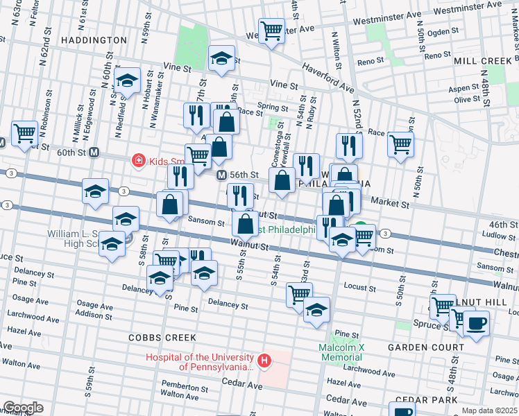 map of restaurants, bars, coffee shops, grocery stores, and more near 26 South 55th Street in Philadelphia