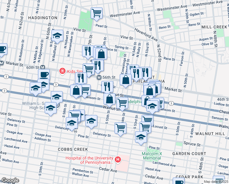 map of restaurants, bars, coffee shops, grocery stores, and more near 26 South 55th Street in Philadelphia