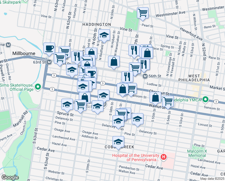 map of restaurants, bars, coffee shops, grocery stores, and more near 5755 Chestnut Street in Philadelphia