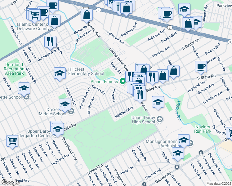 map of restaurants, bars, coffee shops, grocery stores, and more near 869 Windermere Avenue in Drexel Hill