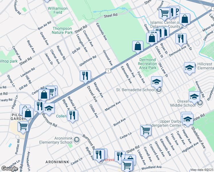 map of restaurants, bars, coffee shops, grocery stores, and more near 1213 Lindale Avenue in Upper Darby