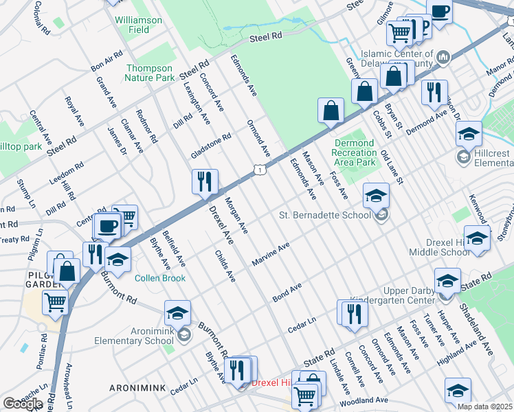 map of restaurants, bars, coffee shops, grocery stores, and more near 1213 Lindale Avenue in Upper Darby