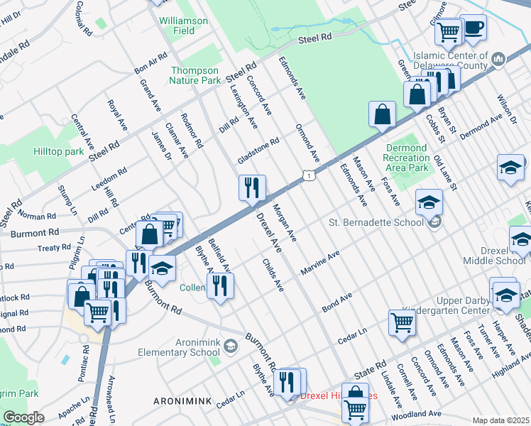 map of restaurants, bars, coffee shops, grocery stores, and more near 2 North Morgan Avenue in Havertown