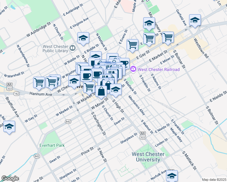 map of restaurants, bars, coffee shops, grocery stores, and more near 40 South Walnut Street in West Chester