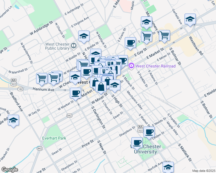 map of restaurants, bars, coffee shops, grocery stores, and more near 40 South Walnut Street in West Chester
