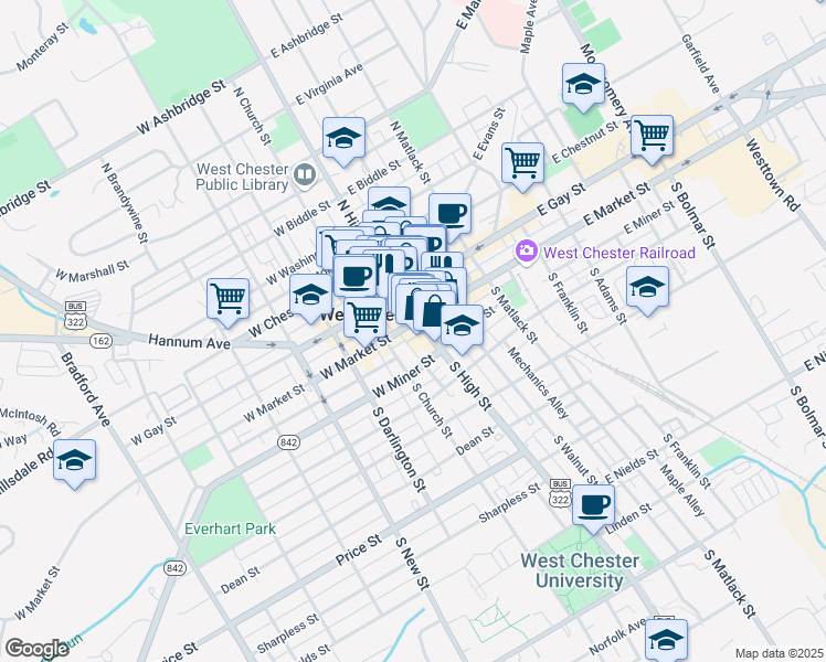 map of restaurants, bars, coffee shops, grocery stores, and more near 5 North High Street in West Chester