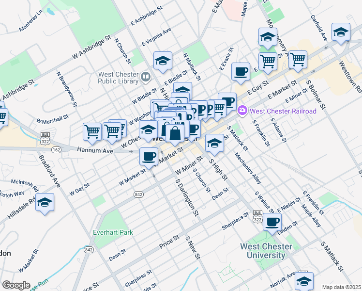 map of restaurants, bars, coffee shops, grocery stores, and more near in West Chester