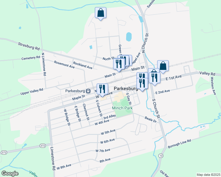 map of restaurants, bars, coffee shops, grocery stores, and more near 352 Main Street in Parkesburg