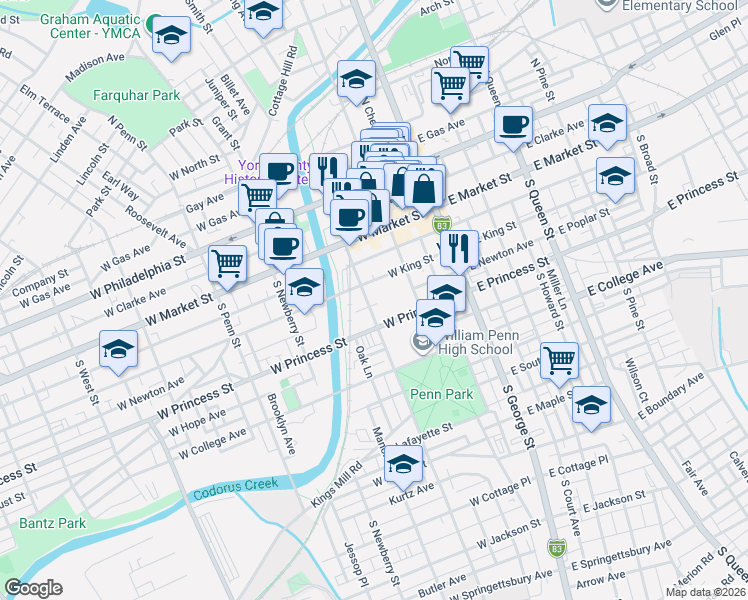 map of restaurants, bars, coffee shops, grocery stores, and more near 54 South Pershing Avenue in York