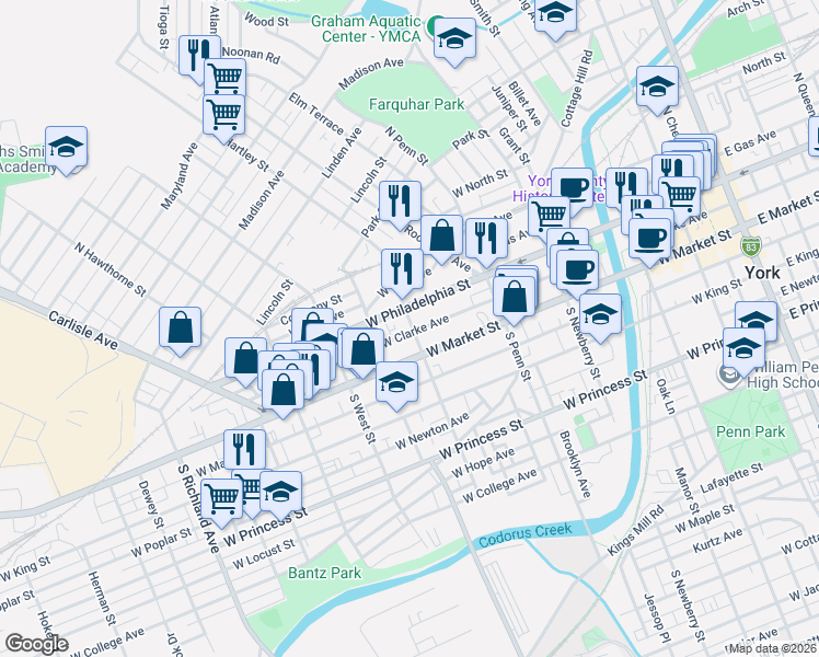 map of restaurants, bars, coffee shops, grocery stores, and more near 517 West Philadelphia Street in York