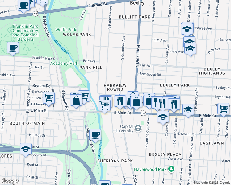 map of restaurants, bars, coffee shops, grocery stores, and more near in Bexley