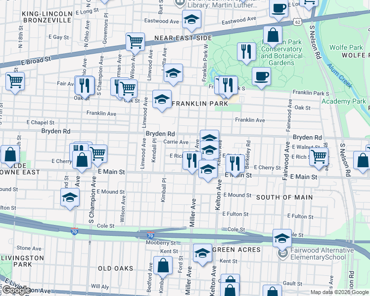 map of restaurants, bars, coffee shops, grocery stores, and more near 1411 Bryden Road in Columbus