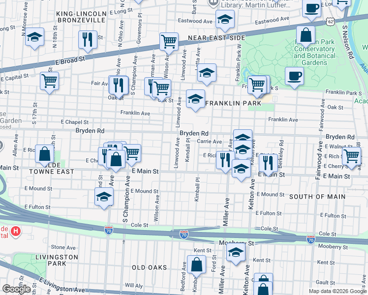 map of restaurants, bars, coffee shops, grocery stores, and more near 300 Linwood Avenue in Columbus