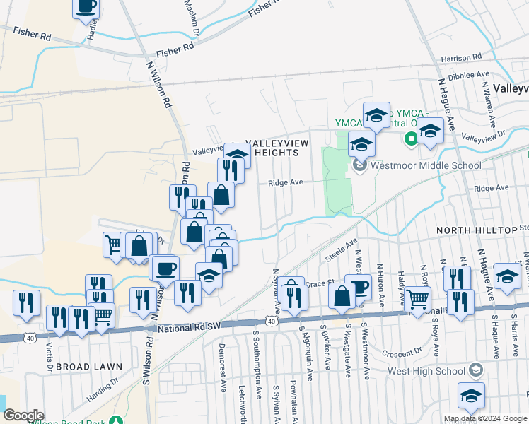 map of restaurants, bars, coffee shops, grocery stores, and more near 272 North Southampton Avenue in Columbus