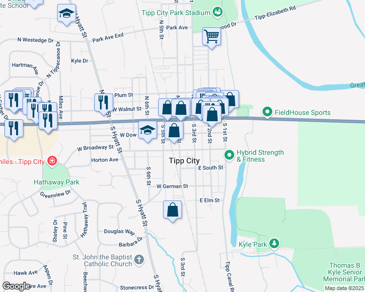 map of restaurants, bars, coffee shops, grocery stores, and more near 27 South 4th Street in Tipp City