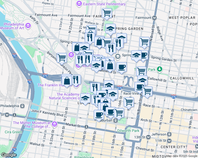 map of restaurants, bars, coffee shops, grocery stores, and more near 1801 Vine Street in Philadelphia