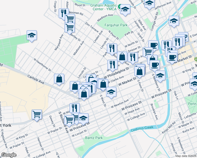 map of restaurants, bars, coffee shops, grocery stores, and more near 573 West Philadelphia Street in York