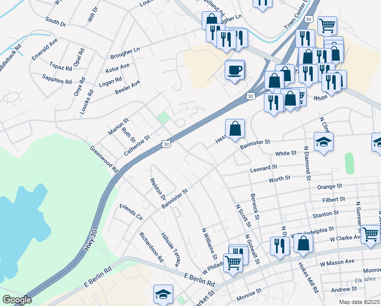 map of restaurants, bars, coffee shops, grocery stores, and more near 895 Taxville Road in York