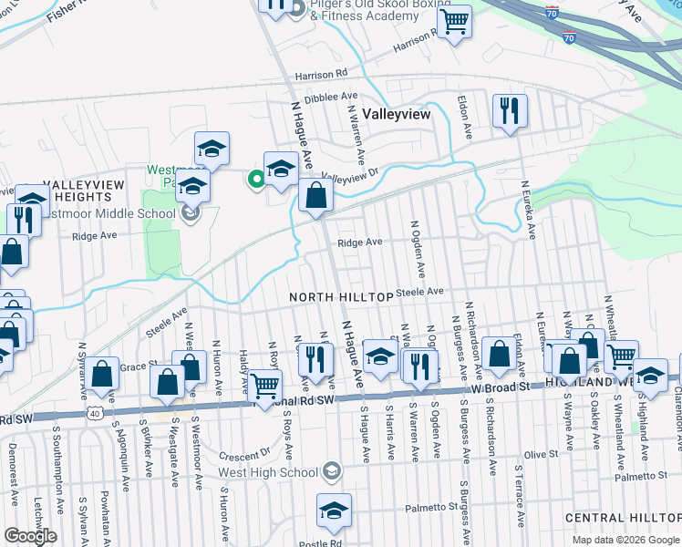 map of restaurants, bars, coffee shops, grocery stores, and more near 2735 Ridge Avenue in Columbus