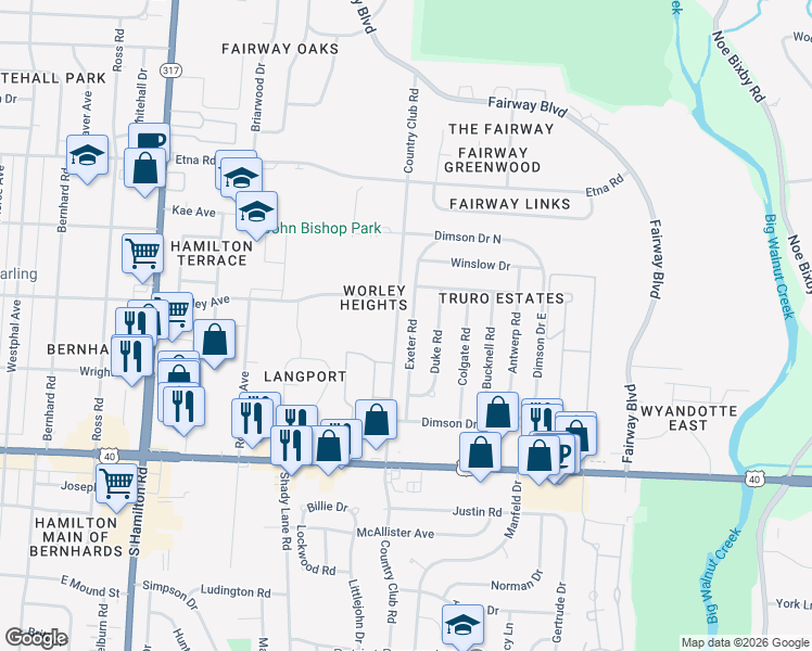 map of restaurants, bars, coffee shops, grocery stores, and more near 897 Exeter Road in Columbus