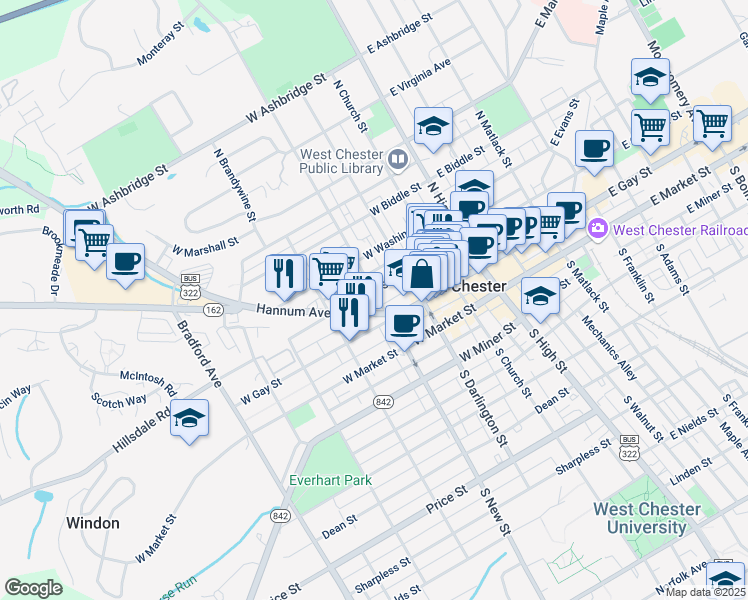map of restaurants, bars, coffee shops, grocery stores, and more near 118 North New Street in West Chester