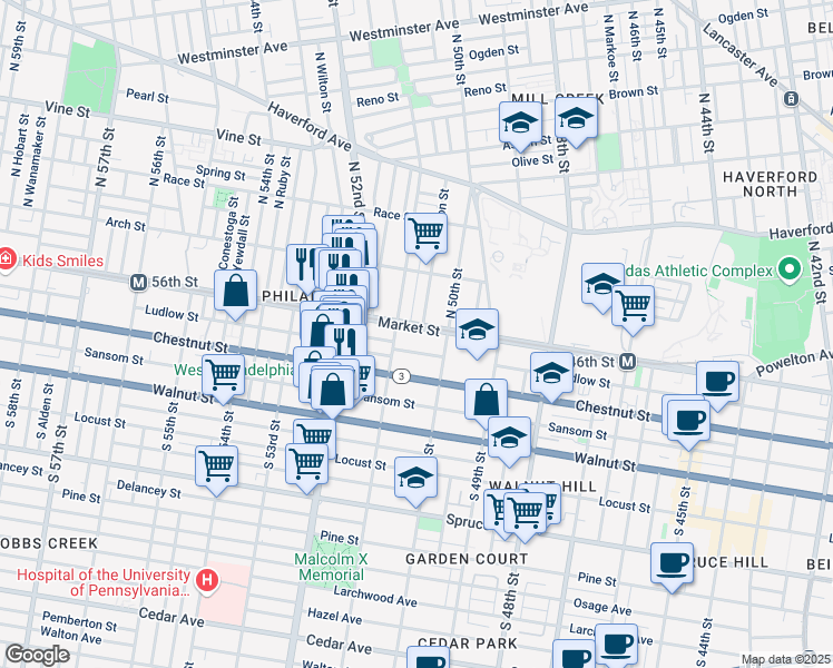 map of restaurants, bars, coffee shops, grocery stores, and more near 5028 Market Street in Philadelphia