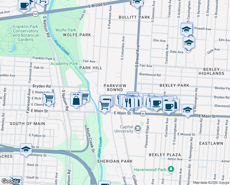 map of restaurants, bars, coffee shops, grocery stores, and more near in Bexley