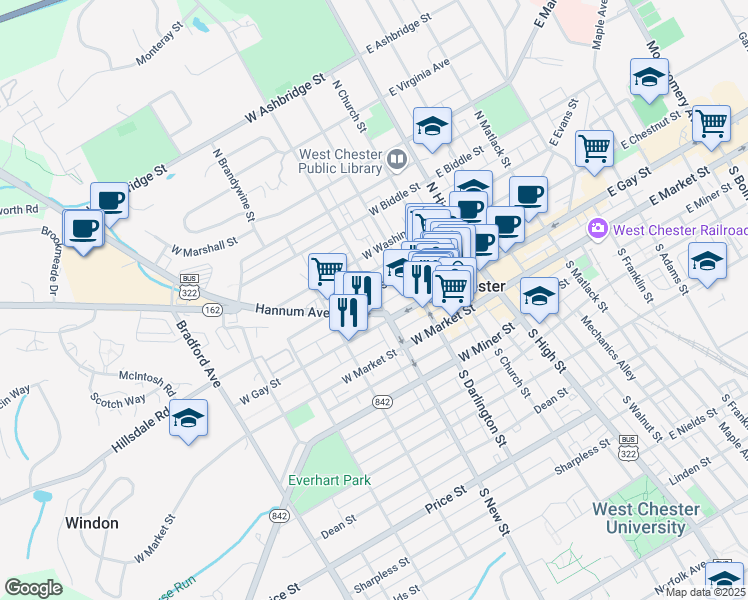 map of restaurants, bars, coffee shops, grocery stores, and more near 118 North New Street in West Chester