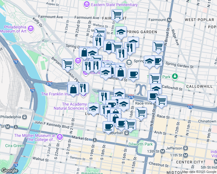 map of restaurants, bars, coffee shops, grocery stores, and more near 1801 Vine Street in Philadelphia
