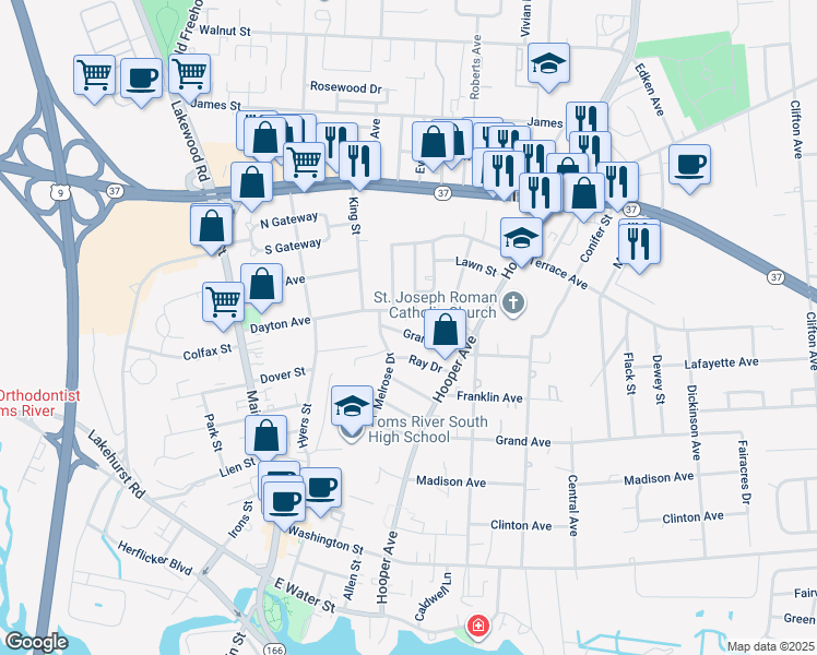 map of restaurants, bars, coffee shops, grocery stores, and more near 23 Grant Avenue in Toms River