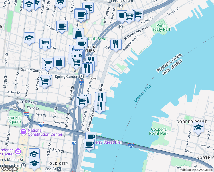 map of restaurants, bars, coffee shops, grocery stores, and more near 501 North Christopher Columbus Boulevard in Philadelphia