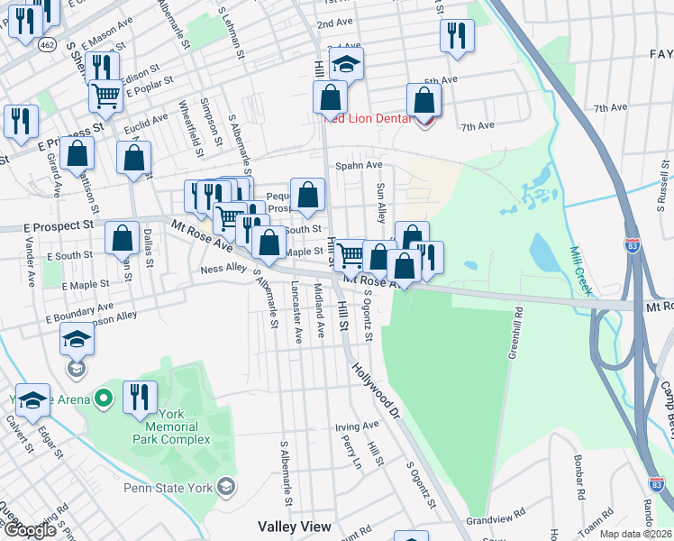 map of restaurants, bars, coffee shops, grocery stores, and more near 602 Hill Street in York