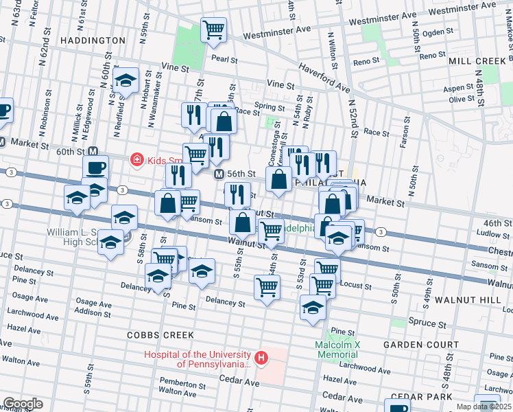 map of restaurants, bars, coffee shops, grocery stores, and more near 5429 Chestnut Street in Philadelphia