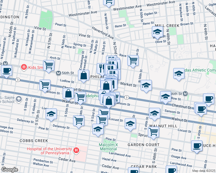 map of restaurants, bars, coffee shops, grocery stores, and more near 5225 Ludlow St in Philadelphia