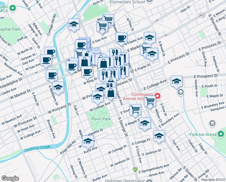 map of restaurants, bars, coffee shops, grocery stores, and more near 215 South George Street in York