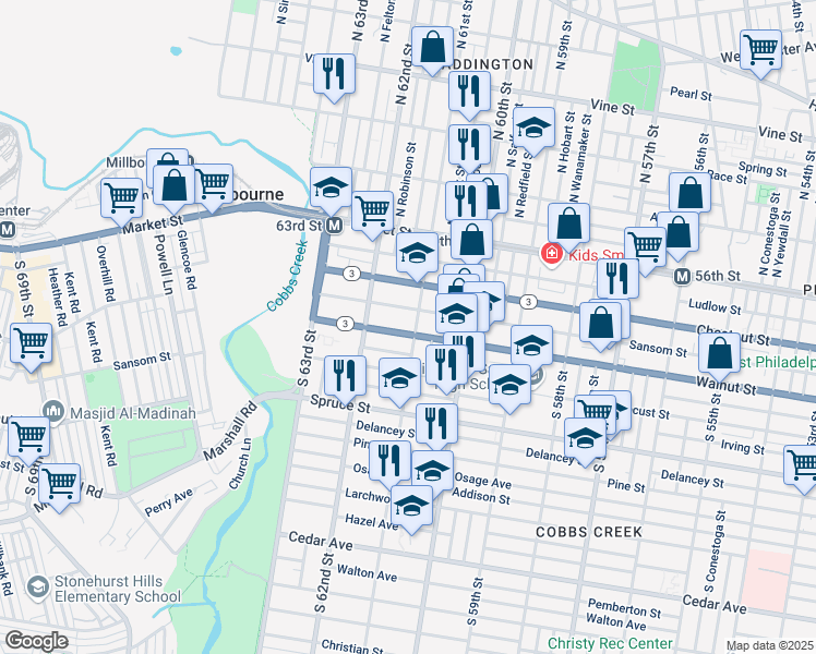 map of restaurants, bars, coffee shops, grocery stores, and more near 6109 Walnut Street in Philadelphia