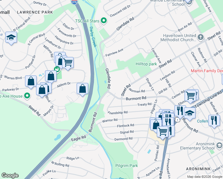 map of restaurants, bars, coffee shops, grocery stores, and more near 525 Glendale Road in Havertown