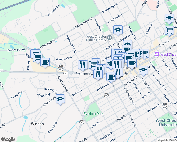 map of restaurants, bars, coffee shops, grocery stores, and more near 332 West Washington Street in West Chester