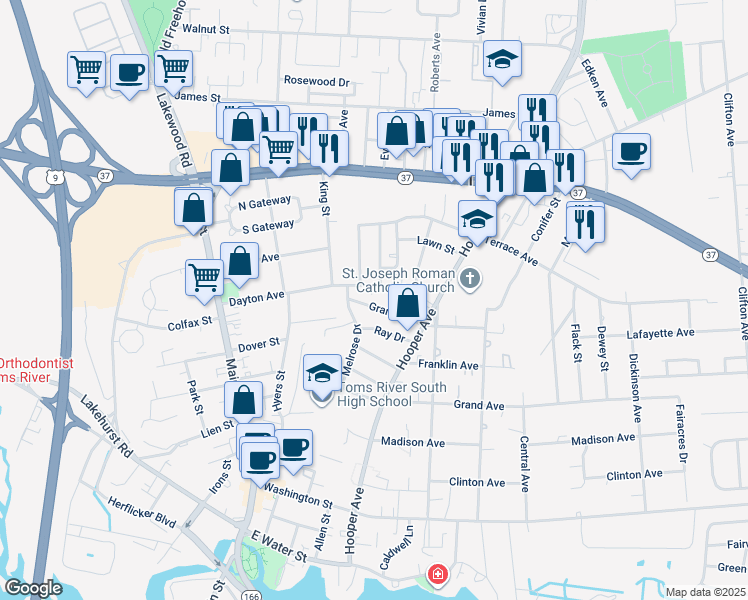map of restaurants, bars, coffee shops, grocery stores, and more near 23 Grant Avenue in Toms River