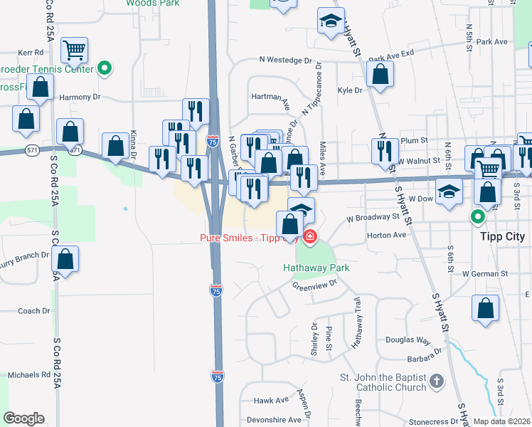 map of restaurants, bars, coffee shops, grocery stores, and more near 952 W Main St in Tipp City