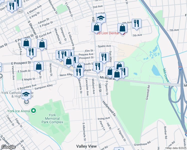 map of restaurants, bars, coffee shops, grocery stores, and more near 1229 Mount Rose Avenue in York