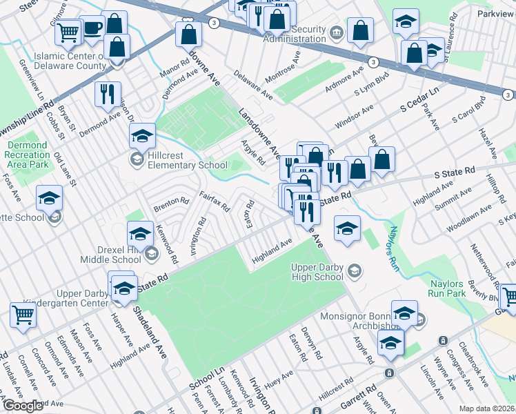 map of restaurants, bars, coffee shops, grocery stores, and more near 869 Windermere Avenue in Drexel Hill