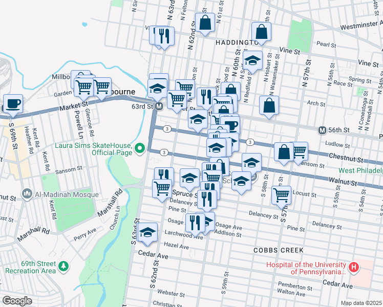 map of restaurants, bars, coffee shops, grocery stores, and more near 6115 Walnut Street in Philadelphia