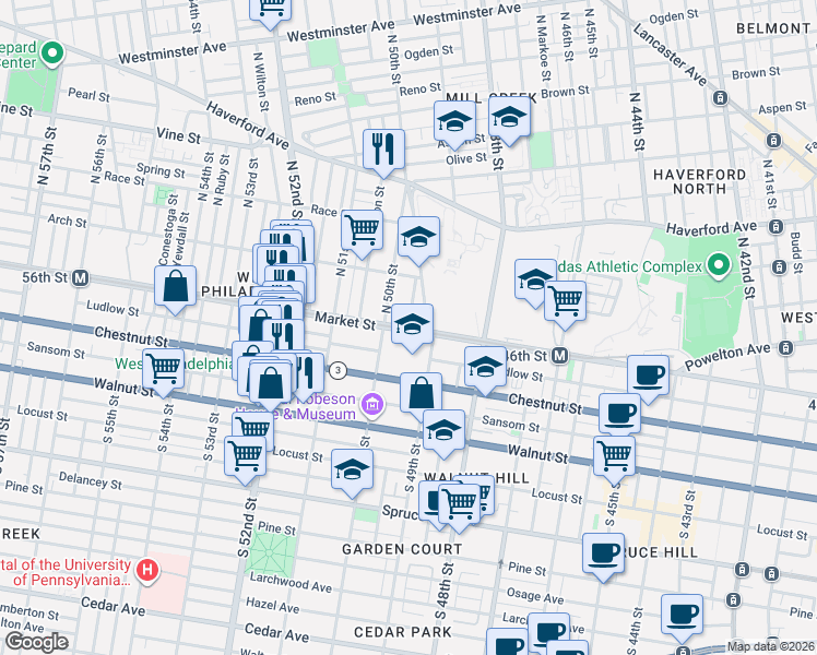 map of restaurants, bars, coffee shops, grocery stores, and more near N St Bernard St in Philadelphia