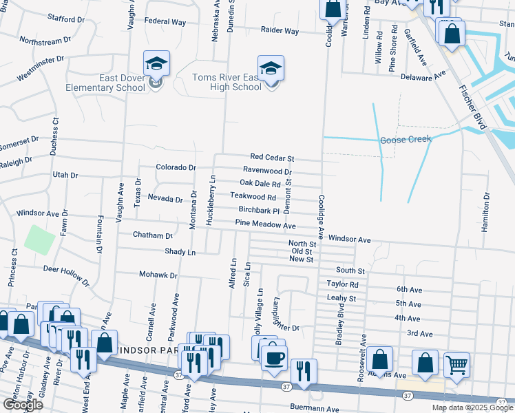 map of restaurants, bars, coffee shops, grocery stores, and more near 1922 Teakwood Road in Toms River