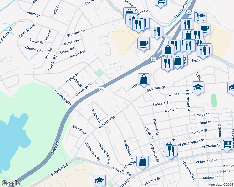 map of restaurants, bars, coffee shops, grocery stores, and more near 895 Taxville Road in York