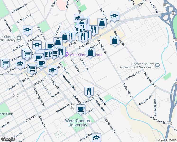 map of restaurants, bars, coffee shops, grocery stores, and more near 313 South Adams Street in West Chester