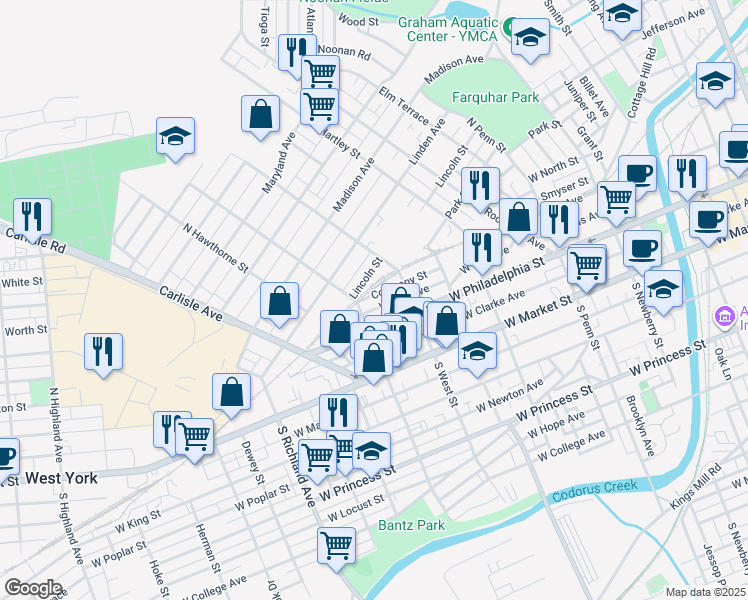 map of restaurants, bars, coffee shops, grocery stores, and more near 654 Lincoln Street in York
