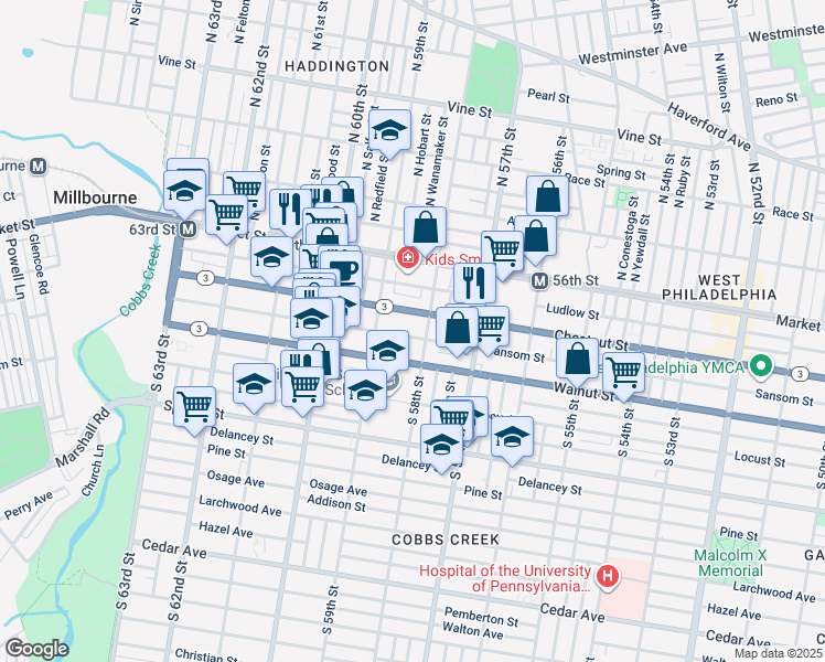 map of restaurants, bars, coffee shops, grocery stores, and more near 5815 Sansom Street in Philadelphia