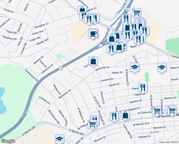map of restaurants, bars, coffee shops, grocery stores, and more near 2159 Bannister Street in York